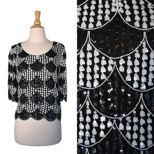 Vintage 80s Top Judith Ann Creation Silk Black White Scalloped Beaded Sequin Top